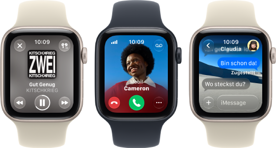 Drei Apple Watch SE 3 Geräte nebeneinander, eines zeigt die Apple Music App, eines einen eingehenden Telefonanruf und eines eine Unterhaltung in Nachrichten